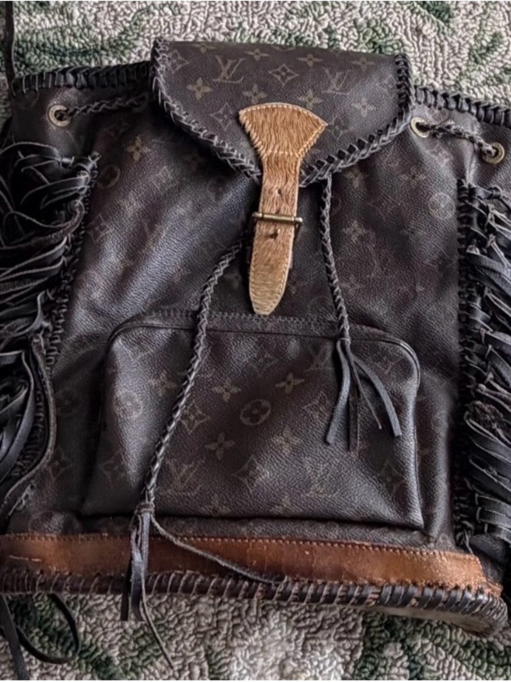 Louis Vuitton Black Monogram Fringe Backpack with Tan Leather Strap